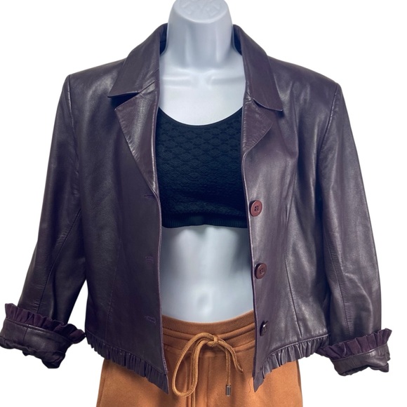 Vintage Leather Jacket Diba Ruffle Fitted Dark Plum M - Picture 2 of 16